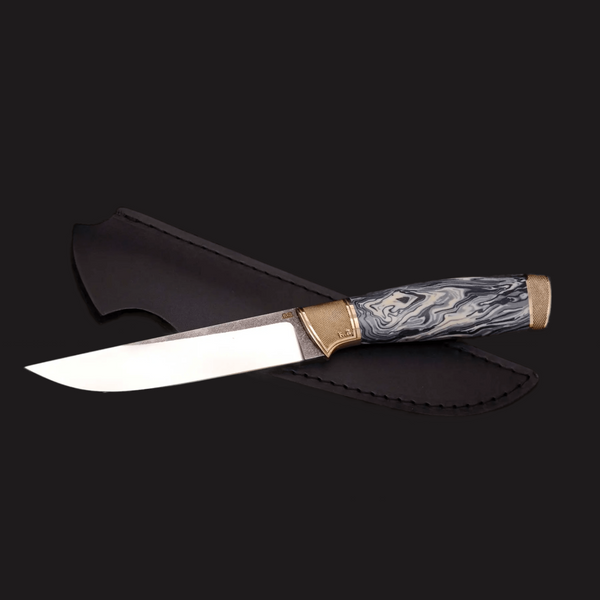 Ivory and Grey Handle Hunting and Fishing Knife with Leather
