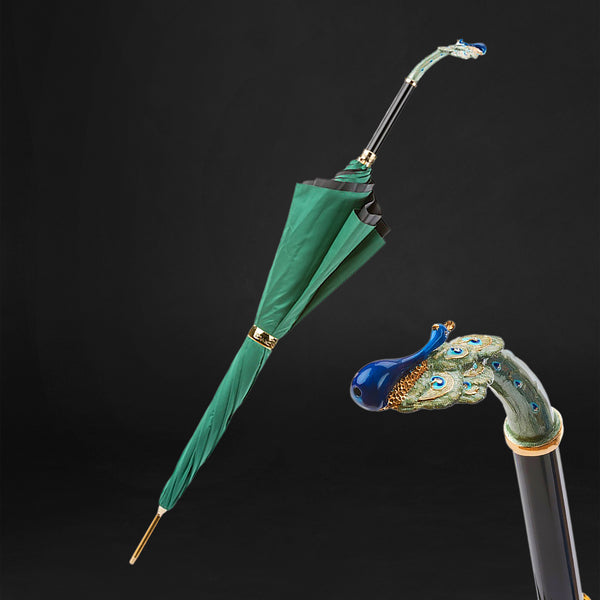 Luxury Peacock Handle Double Cloth Green Umbrella with Printed Interio