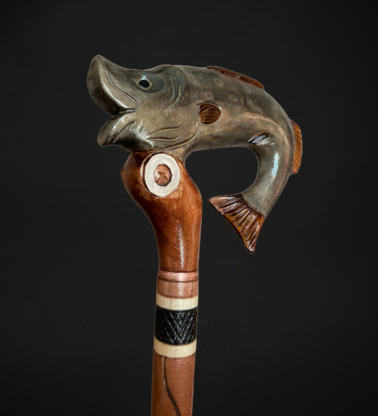 designer walking cane fishing pole Walking Cane with Fish Design and Fishing Motif