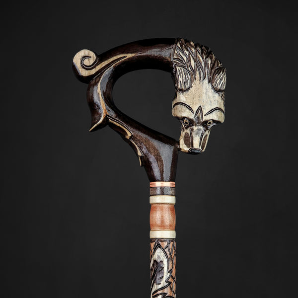 Hand Carved Wolf Cane - Handcrafted Walking Stick - Handmade Wooden Piece  of Art