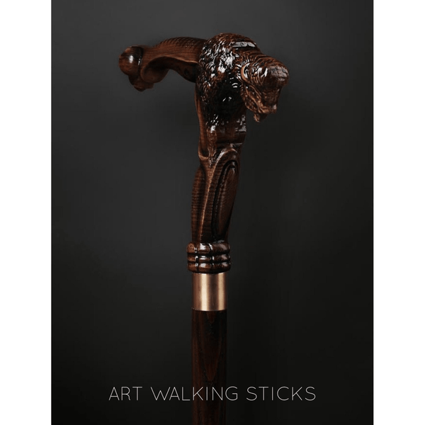 Wolf Bronze & Wood Walking Cane Stick Wooden Hand Carved Handle