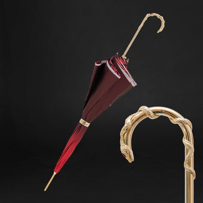 Designer Stylish Gold Python Handle Red Double Cloth Umbrella for Women