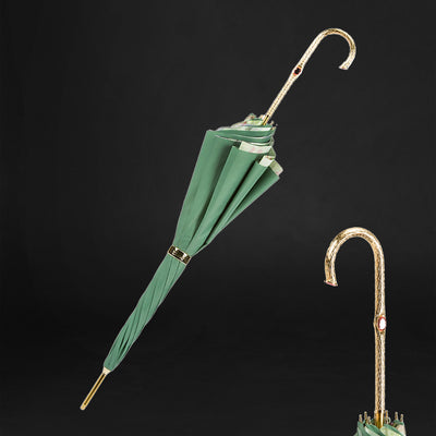 Jeweled brass handle green and pink roses umbrella