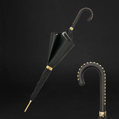 Best Black Double Cloth Umbrellas with Bridles Print Interior and Leather Handles