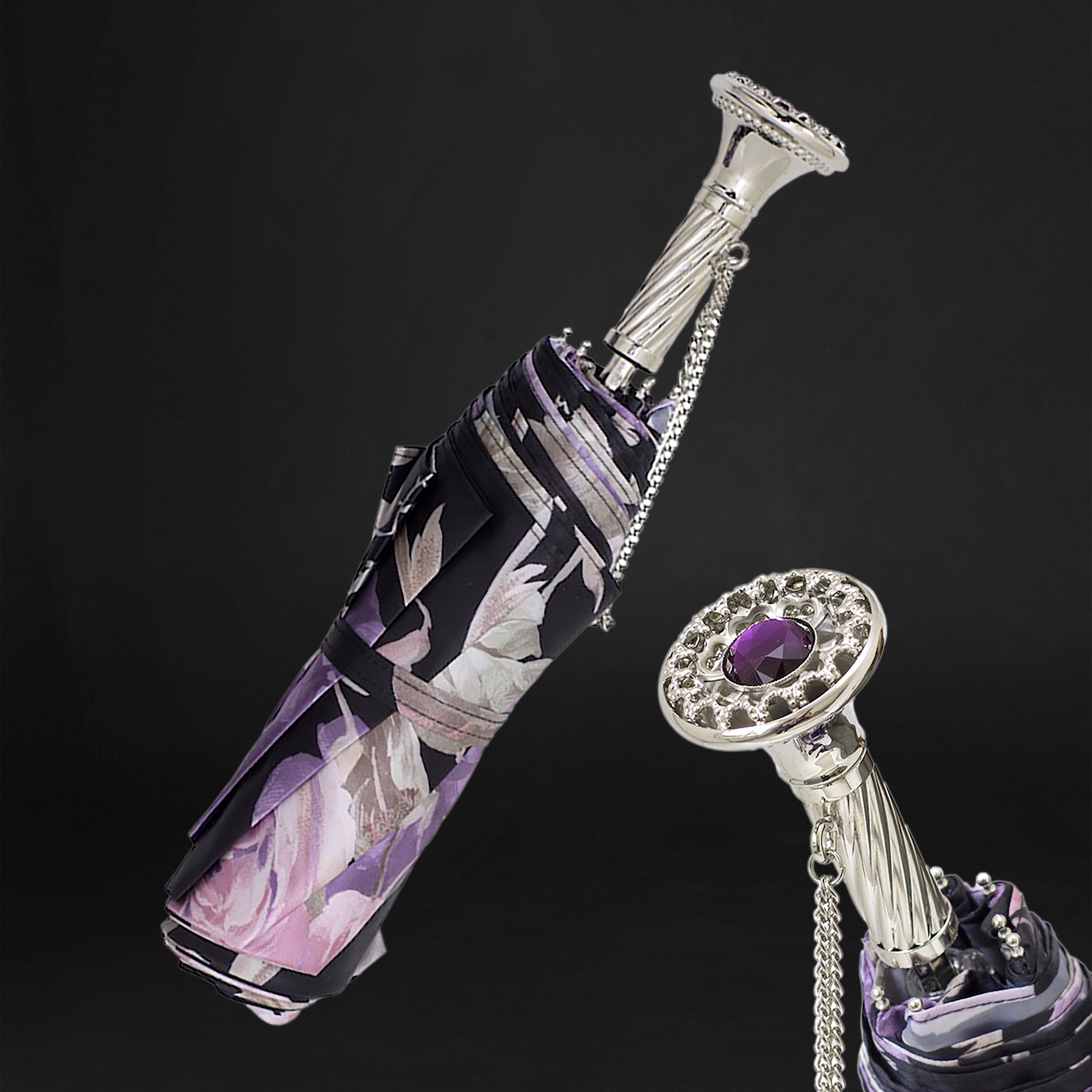 Beautiful Black Italian Umbrella with Purple Flowers and Jeweled Brass Handle