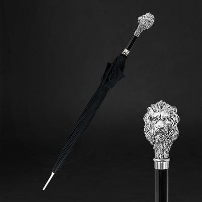 Elegant black men's umbrella with silverplated lion handle