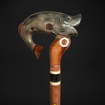 Hand-Carved Walking Cane with Fish Design