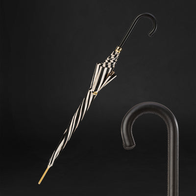 Classic black and white striped umbrella with leather handle