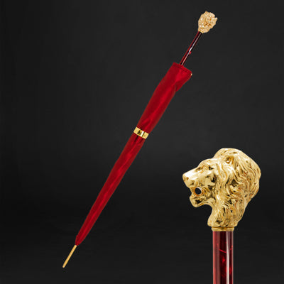 Unusual red umbrella for men with gold handle