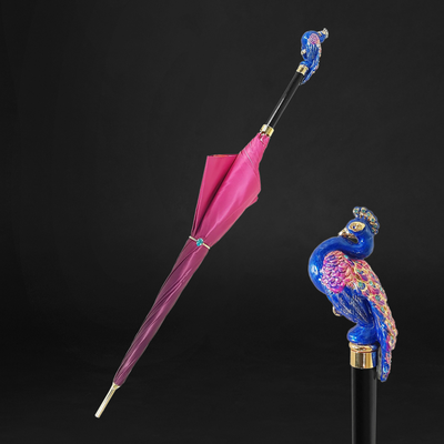 Gradient pink canopy umbrella with peacock handle and crystal accents