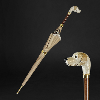 Elegant animal print umbrella with hand-enamelled dog handle