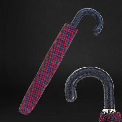 Red & navy pied de poule folding umbrella with leather handle