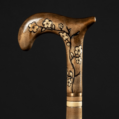 Beige Walking Cane for Ladies Rose, Flower Wooden Walking Stick