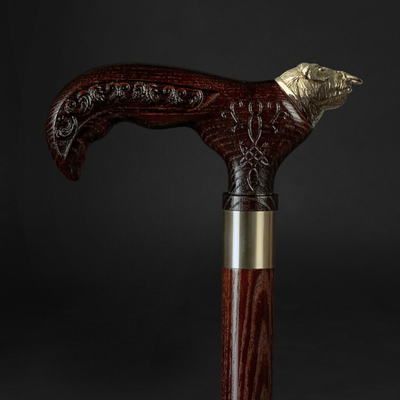 Hand Carved Oak Walking Cane with Brass Bull Head Handle