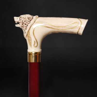 Wolf Head Walking Cane – Ivory Resin Handle Travel Version 3-Piece