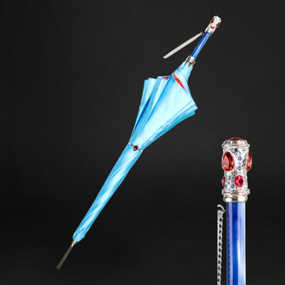 Designer Jewel Umbrella with Blue Canopy and Multicolor Crystals