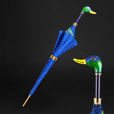 Blue Canopy Umbrella with Decorative Enamel Duck Handle