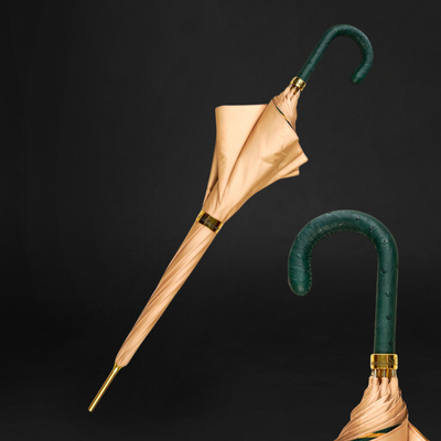 Beige Canopy Umbrella with Green Ostrich Leather Handle