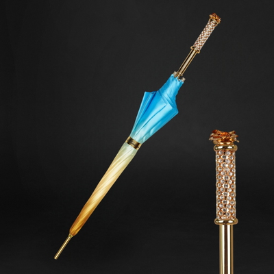 Blue Umbrella with 24K Gold-Plated Handle and Crystals