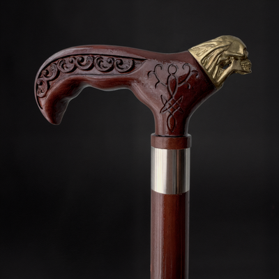 Gothic Walking Cane with Brass Skull Handle Unique Horror Cane