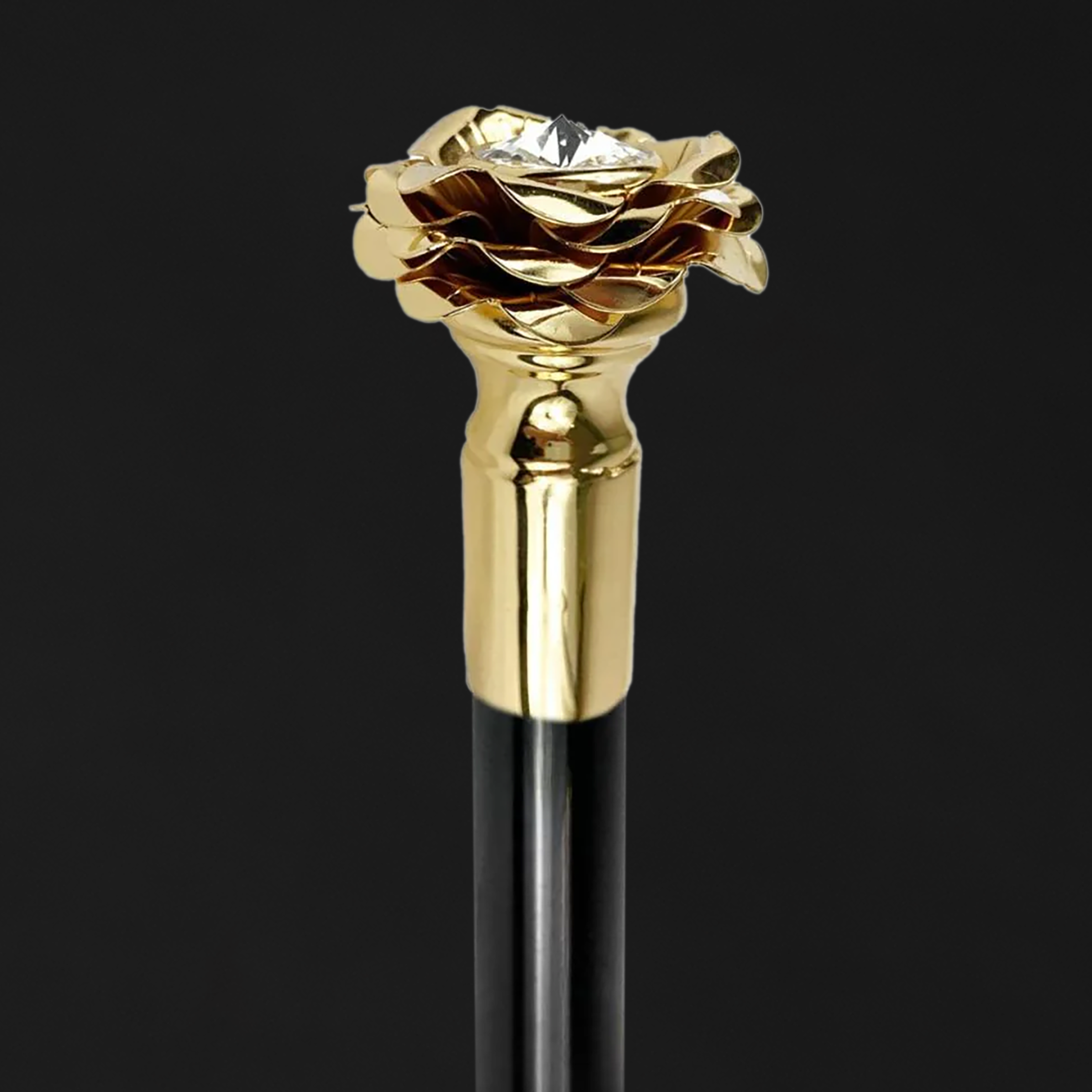 Designer Walking Stick with Rose in Golden Brass
