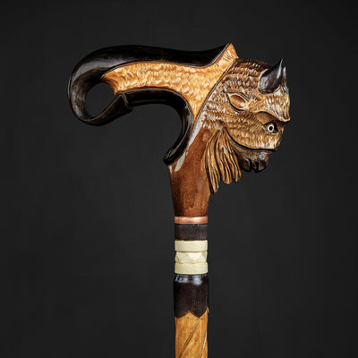 Fashion Art Wooden Cane with American Bison Buffalo Head