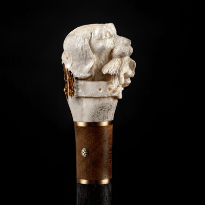 Walking Cane Bone Dog Hand carved Bone Cane Knob, Signed by Artist